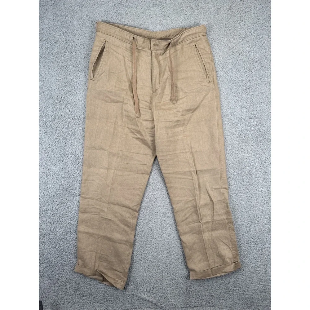 Tasso Elba Linen Pants Men's 32X30 (34x27)‎ Khaki Tan Island 100% Linen ***READ